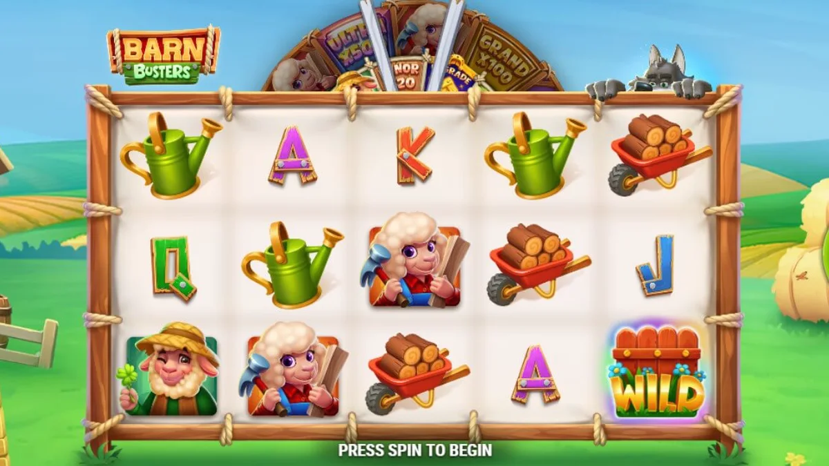 Tampilan visual slot Barn Busters dengan tema pertanian yang cerah dan simbol serigala