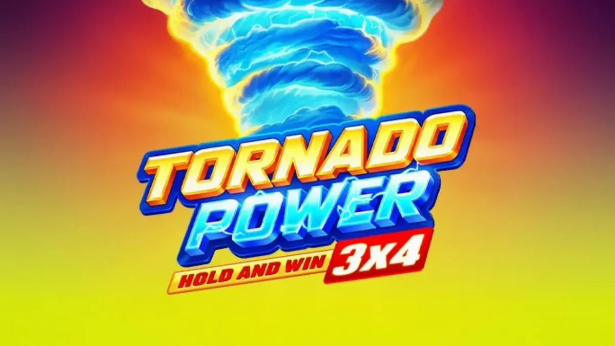 Tampilan layar permainan slot Tornado Power: Hold and Win dengan gulungan 3x4 yang menampilkan simbol buah klasik, 777s, dan koin petir emas, di tengah latar belakang badai energi biru dan oranye.